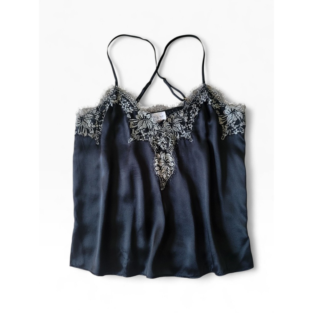 CAMI NYC 100% Silk Black Metallic Floral Lace Cross Back Camisole Top Medium
